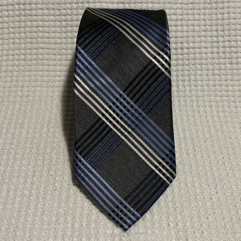 Express Tie - Grey with Blue & White Stripes - EUC